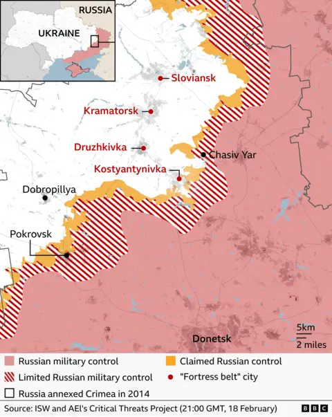 A map of showing where has Russian military control, limited Russian military control and claimed Russian control near Donetsk