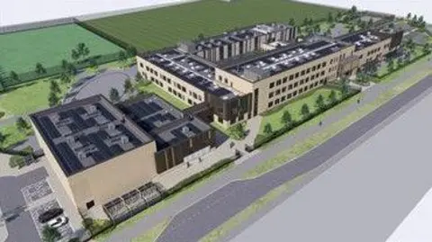 An artist's impression of the new school, a connected series of multi-storey buildings surrounded with fields and trees