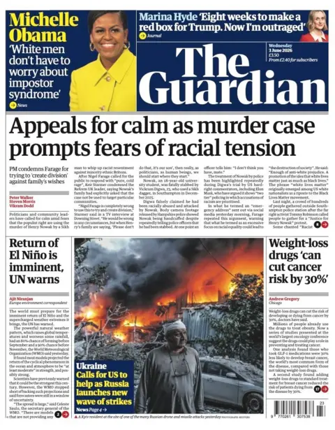 The headline on the front page of the Guardian reads: “Appeals for calm as murder case prompts fears of racial tension”.