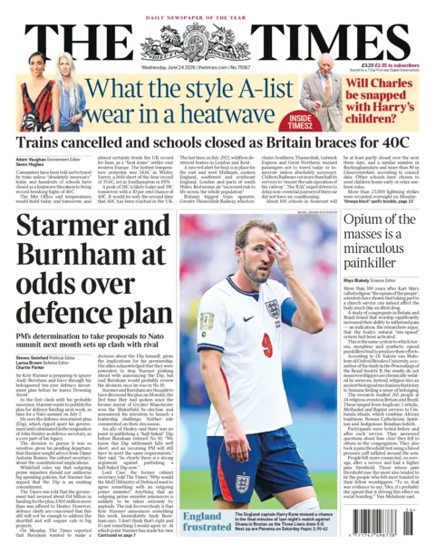 The headline on the front page of the Times reads: "Starmer and Burnham at odds over defence plans". 