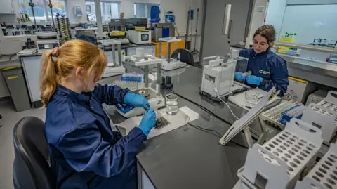 Two scientists wearing blue overalls and  blue gloves undertaking research in a science lab