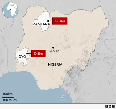 A map of Nigeria showing Gusau in Zamfara state in the north-west, and Oriire in Oyo state in the south-west. The capital, Abuja, is marked in the centre. 