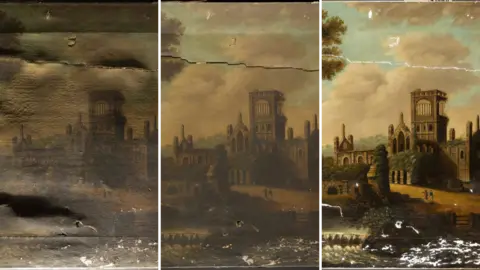 Critchlow & Kukkonen Three composite images side by side, showing the progression of a very degraded painting being restored. The image on the left shows a painting in very poor condition, and the image on the right shows a far brighter scene of Kirkstall Abbey, a large church surrounded by a pastoral scene.