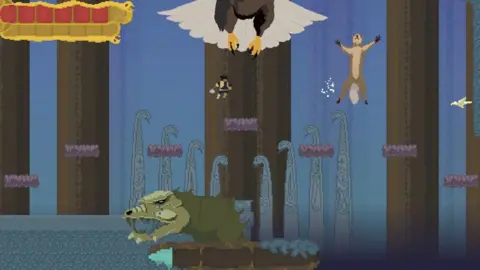 BAFTA A pixilated image of the game Yggdrasil, with the central character; Nidhogg a green dragon, in the centre of the image. He is seated on a brown log with a turquoise object on the left end, and a blue object on the other.