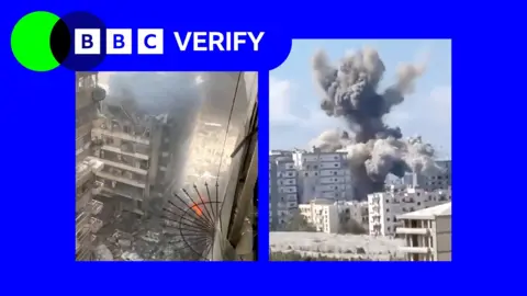 Split screen image showing destroyed apartment buildings on the left and an explosion on the right