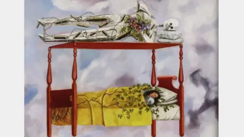 Sotheby's Artist Frida Kahlo's 1940 painting, the El sueño (La cama), which depicts the artist asleep in a floating wooden bed beneath a skeleton wrapped in dynamite lying on the upper canopy 