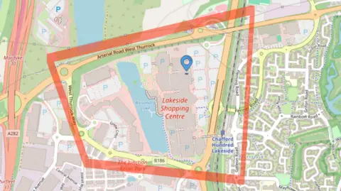 Essex Police A map showing where the dispersal order is going to be imposed. It surrounds Lakeside Shopping Centre and Chafford Hundred railway station and encompasses parts of Arterial Road, West Thurrock Way and the A126.