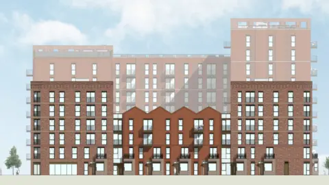 Trafford Council Image shows a computer rendering of a brown-brick building split into three sections of varying height, almost in the style of Victorian warehousing. A larger block stands behind it. 