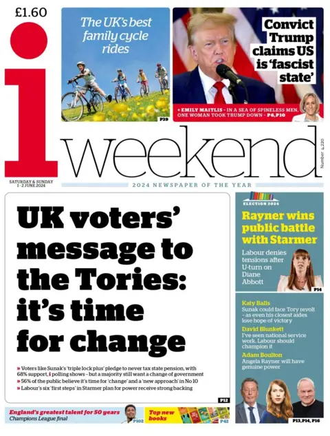 The headline in the i reads: UK voters' message to the Tories: its time for change
