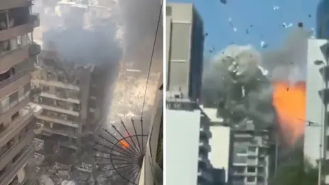 Split screen image showing destroyed apartment buildings on the left and an explosion on the right
