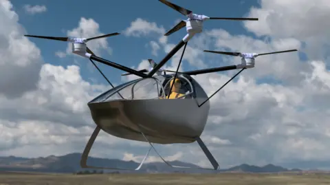 CraneAERO A small machine with four separate rotors capable of taking off vertically. Inside is a dummy. It has supports at the bottom like a helicopter's.