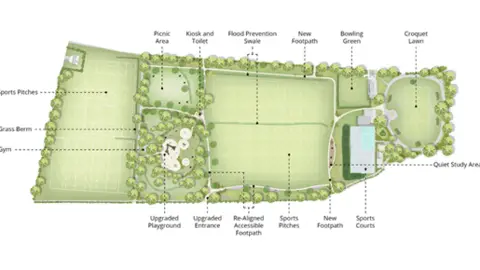 Tandridge District Council A drawn plan of Queens Park, showing where the new features will be.