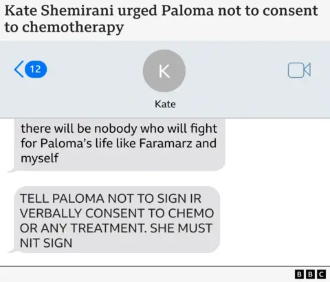  "Tell Paloma not to sign or verbally consent to chemo or any treatment. She must not sign." But "or" and "not" are misspelled as "IR" and "NIT"