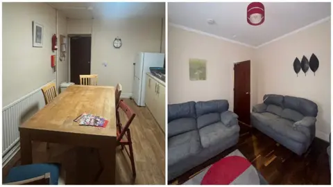 The Wallich A composite picture split into two. One half shows a basic kitchen with a pine wood style table. The second shows two blue sofas in a lounge with wooden flooring. 