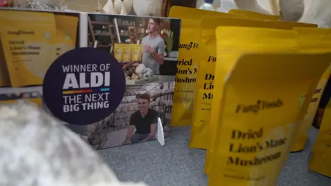 Fungi Foods packets with a sign reading 'Winner of Aldi The next big thing'