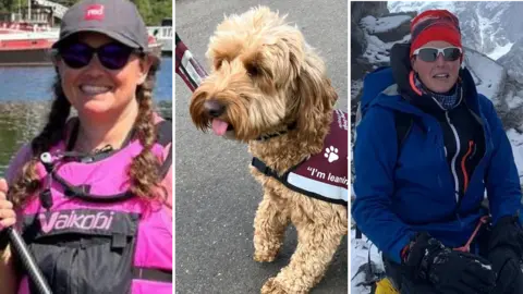 A woman in pink with sunglasses and a cap; a cockerpoo dog; a woman in a coat and hat on a snowy mountain 
