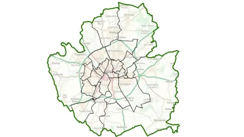LGBCE A map showing the City of York and surrounding areas, outlined by a bold green boundary.
Internal black lines divide the city into multiple administrative wards or districts.
Place names, roads, and green spaces provide geographic context across urban and rural zones.
