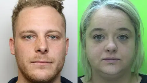 Mugshots of Mark Staniland, who has short hair and a short beard, and of Natalie Quinn, who has short bleached hair and a lip piercing.