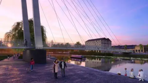 Peterborough City Council Mock-up of the bridge during sunset where people are walking along the riverside and sitting along the river.