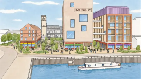 A drawing of a town's waterfront. Buildings and open public spaces line the waterfront. There is a boat resting on the water nearby.