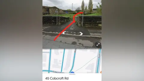 Metropolitan Police An Google street image showing a road with a brick wall and a walk way through it. There is a red line across the image and the address is given as 45 Cobcroft Road. 