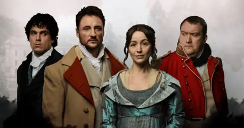 Three male actors and one female actor in historic Regency outfits  