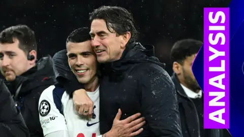 Thomas Frank and Pedro Porro embrace