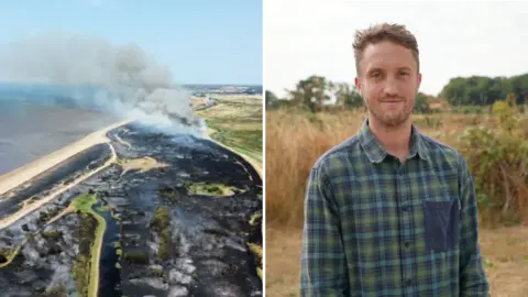 Andrew Waddison/BBC A composite image. On the right, a large area of land is completely scorched and blackened, with smoke rising from it. Unburnt land can be seen in the distance, and the sea. On the left, a man with light coloured hair and a short beard, wearing a green and blue checked shirt, stands in front of an area of long grass, with trees behind him.
