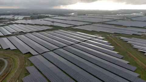 An aerial view of hundreds of solar panels in rows.
The rows of panels stretch off to the horizon.