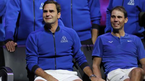 A tearful Roger Federer and Rafael Nadal at the 2022 Laver Cup