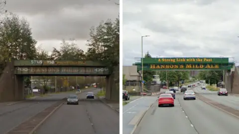 Google A composite image showing an old railway bridge advertising Hanson's Mild Ale next to a new bridge under construction with identical artwork displayed.