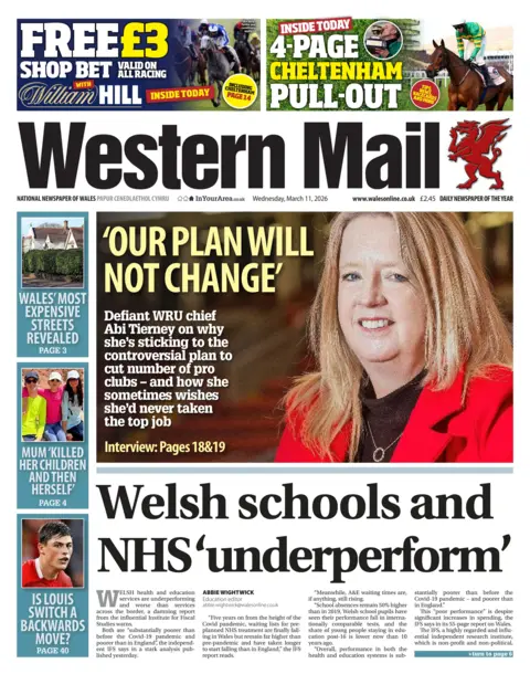 Western Mail Front page headline for the Western Mail: 'Our plan will not change'; Defiant WRU chief Abi Tierney on why she's sticking to the controversial plan to cut number of prop clubs - and how she sometimes wishes she'd never taken the top job. Next to photo of Abi Tierney wearing a red jacket.