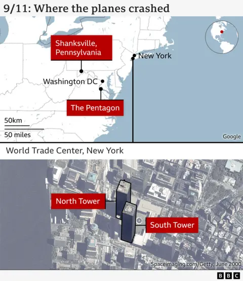 Mapas do 11 de setembro relacionados a ataques e cenas aéreas. A categoria superior mostra um mapa dos Estados Unidos do Nordeste, incluindo locais de colisão rotulados em Shanksville, Pensilvânia; Pentágono de Washington, DC e Nova York. O World Trade Center tem uma fotografia de satélite de junho de 2000, destacando a Torre Norte e a Torre Sul no fundo.