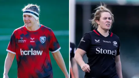 Zoe Aldcroft (left) on the pitch during a pre-game warm-up and Marlie Packer (right) on the field during a Saracens match