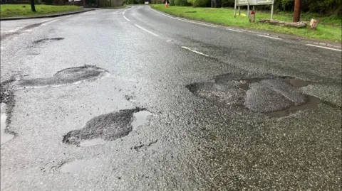 LDRS About five potholes on a road. The potholes are on both sides of the road and the image also shows grass and the poles of a sign but not the entire sign