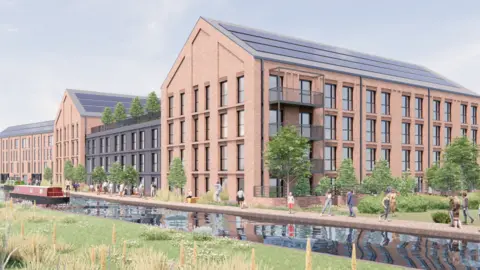 Wavensmere Homes An artist's impression showing a large red brick block of buildings next to a canal