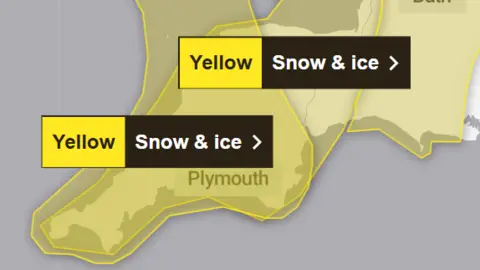 Met Office A Met Office image of a map with areas highlighted in yellow. There's two boxes with the words 'yellow' and 'snow and ice' in them.
