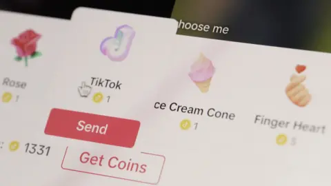 Examples of TikTok gifts - emojis showing a rose, an ice cream cone and a hand holding a heart