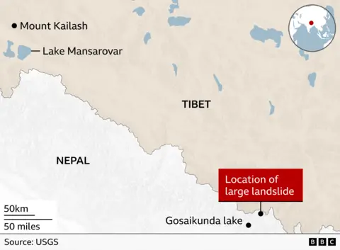 Map of central Nepal showing four flood-affected districts: Gorkha, Rasuwa, Nuwakot and Dhading. A marker north of Rasuwa, across the border in Tibet, indicates the epicentre of a magnitude 4.4 earthquake. Kathmandu is shown to the south-east of the affected area. An inset map locates the region within Asia.
