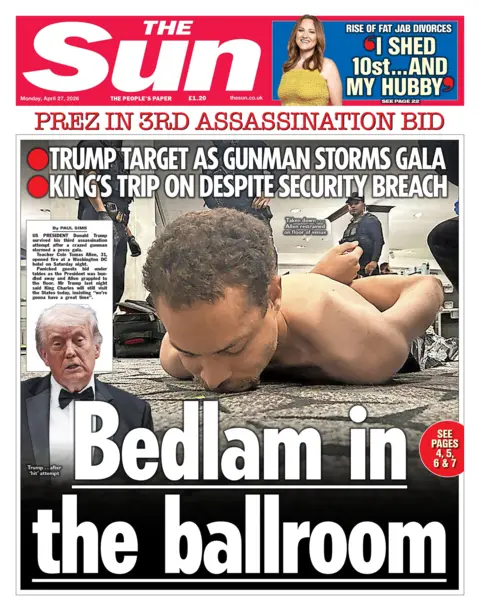 The headline on the front page of the Sun is 'Bedlam in the ballroom'