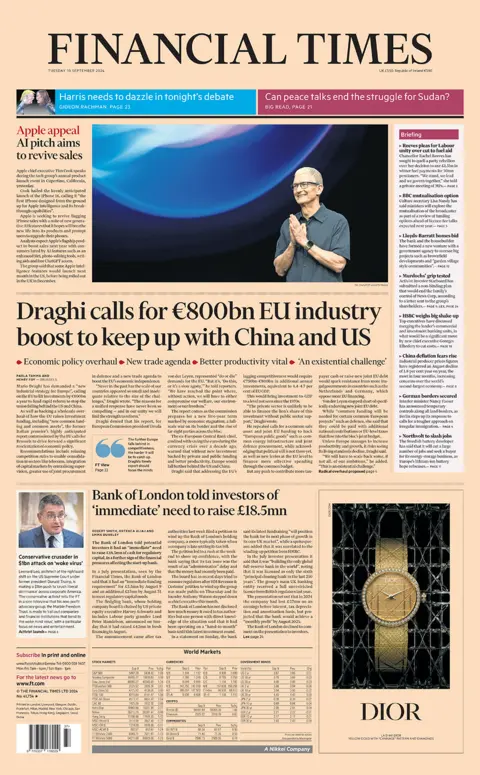 Halaman depan Financial Times dengan judul "Draghi menyerukan dorongan industri Uni Eropa senilai €800 miliar untuk mengimbangi Tiongkok dan AS"