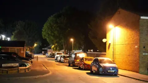 Cars parked on a residential street at night, with streetlights on.