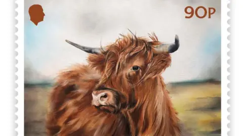 A close-up of the drawing of the highland cow, it is orange in colour and has horns.