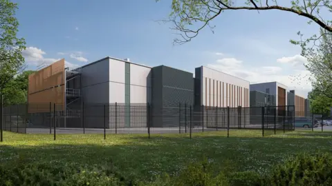 A computer-generated image of a large data centre with high fencing and a field in front of it. The building is made out of a series of blocks and appears to have few windows. It is mostly dark grey, light grey and brown.