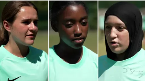 Composite image of three girls in green football jerseys being interviewed for TV. 