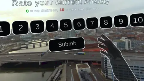 Rephobia A screenshot from the 360 degree VR experience where the user is looking over Belfast from a height. The user is being asked to rate their anxiety level from 0 to 10 on buttons in front of them.