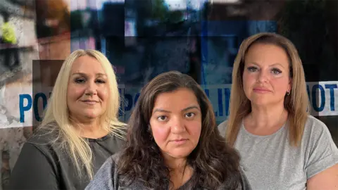 BBC Composite image featuring Alison Cope, Pooja Kanda and Charlotte Marshall (left to right) with police tape graphic behind them