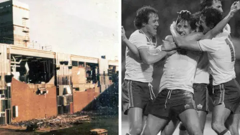 Composite image. On the left is one of the GF buildings with large holes in it, caused by the explosion. On the right is Paul Mariner celebrating a goal for England.