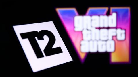 Take-Two interactive logo displayed on a smartphone with Grand Theft Auto VI logo in the background