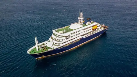 The M.V. Hondius cruise ship in the sea. 